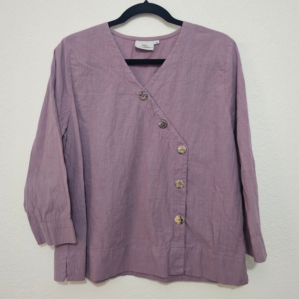 Hot Cotton Purple Asymetrical Button Front Top Long Sleeve Women Medium Boxy